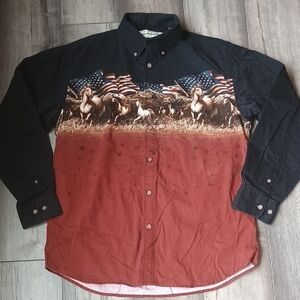 Bit & Bridle Black and Brown Horse Print Shirt Western American Flag